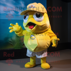 Yellow Piranha mascot costume character dressed with a A-Line Skirt and Hats