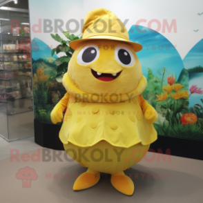 Yellow Piranha mascot costume character dressed with a A-Line Skirt and Hats