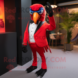 Red Macaw mascot costume character dressed with a Tuxedo and Bracelets