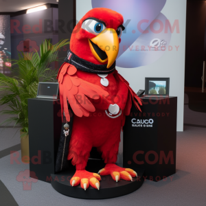Red Macaw mascot costume character dressed with a Tuxedo and Bracelets