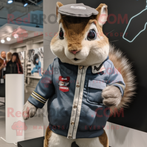Gray Squirrel mascot costume character dressed with a Bomber Jacket and Hair clips