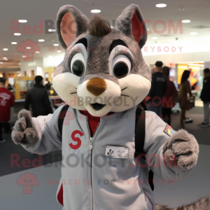Gray Squirrel mascot costume character dressed with a Bomber Jacket and Hair clips