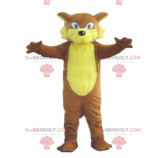 Mascotte de chat marron à l'air farouche, costume de chat -