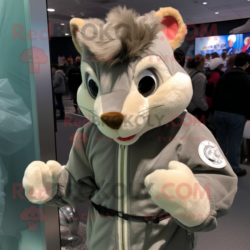 Gray Squirrel mascot costume character dressed with a Bomber Jacket and Hair clips Gray Squirrel mascot costume character dressed with a Bomber Jacket and Hair clips