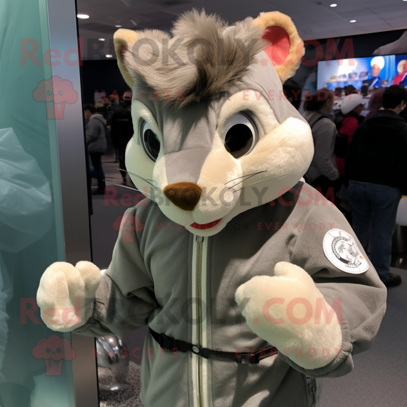 Gray Squirrel mascot costume character dressed with a Bomber Jacket and Hair clips