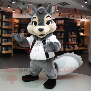 Gray Squirrel mascot costume character dressed with a Bomber Jacket and Hair clips