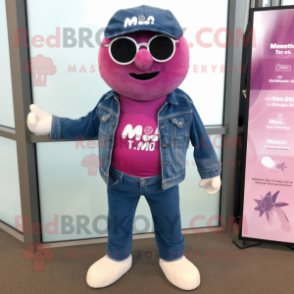 Magenta Seal mascot costume character dressed with a Denim Shirt and Eyeglasses