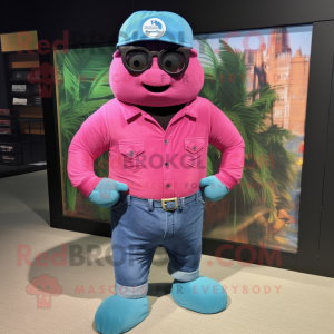 Magenta Seal mascot costume character dressed with a Denim Shirt and Eyeglasses