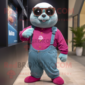 Magenta Seal mascot costume character dressed with a Denim Shirt and Eyeglasses