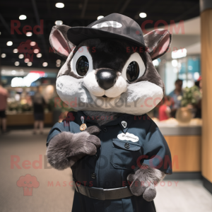 Black Flying Squirrel mascot costume character dressed with a Poplin Shirt and Hat pins