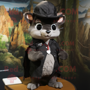 Black Flying Squirrel mascot costume character dressed with a Poplin Shirt and Hat pins