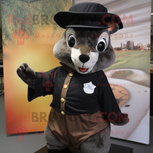 Black Flying Squirrel mascot costume character dressed with a Poplin Shirt and Hat pins