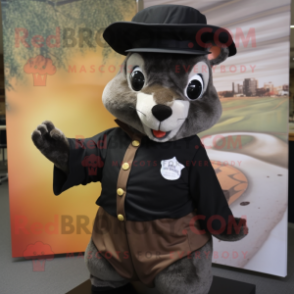 Black Flying Squirrel mascot costume character dressed with a Poplin Shirt and Hat pins