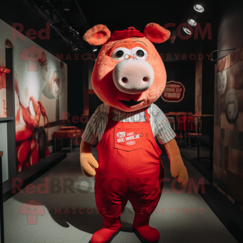 Red Sow mascot costume character dressed with a T-Shirt and Suspenders Red Sow mascot costume character dressed with a T-Shirt and Suspenders