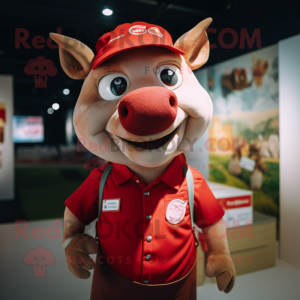 Red Sow mascot costume character dressed with a T-Shirt and Suspenders