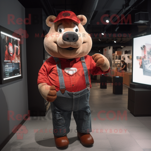 Red Sow mascot costume character dressed with a T-Shirt and Suspenders