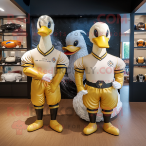 Gold Swans mascot costume character dressed with a Rugby Shirt and Cummerbunds