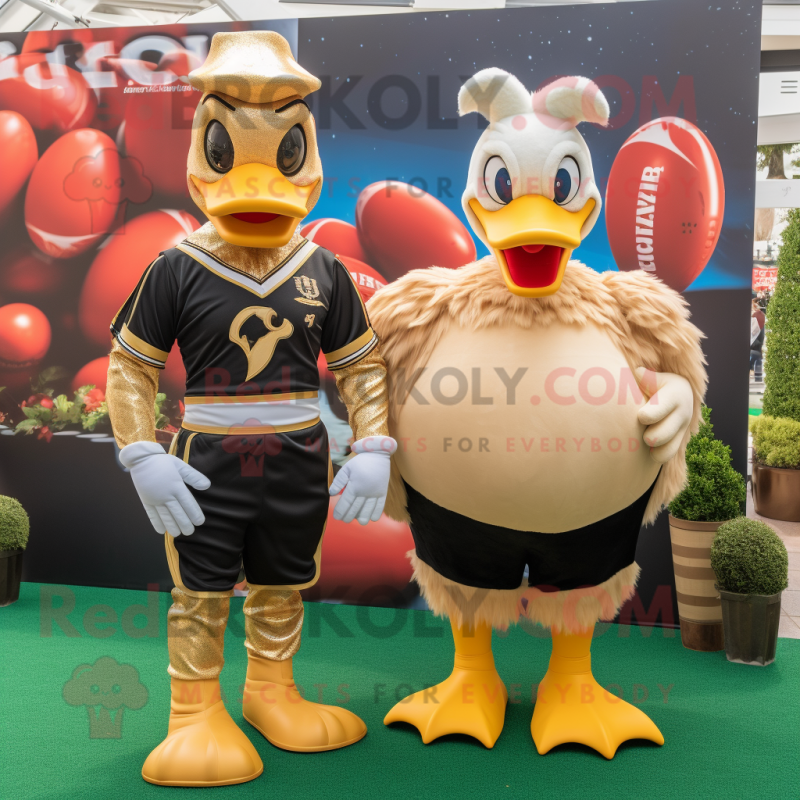 Gold Swans mascot costume character dressed with a Rugby Shirt and Cummerbunds Gold Swans mascot costume character dressed with a Rugby Shirt and Cummerbunds