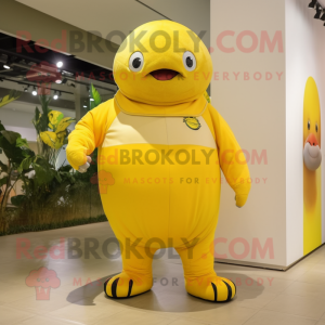 Lemon Yellow Glyptodon mascot costume character dressed with a Jumpsuit and Anklets