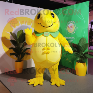 Lemon Yellow Glyptodon mascot costume character dressed with a Jumpsuit and Anklets
