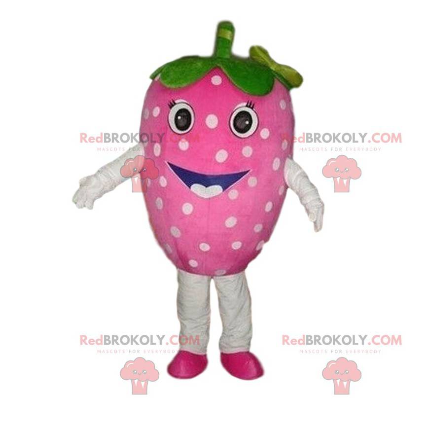 Maskot růžová jahoda, jahodový kostým, červené ovoce -