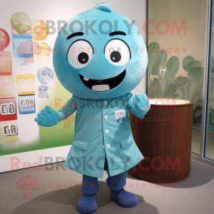 Cyan Miso Soup mascot costume character dressed with a Button-Up Shirt and Brooches