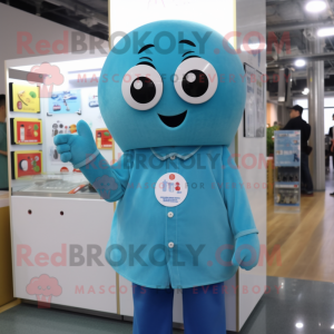 Cyan Miso Soup mascot costume character dressed with a Button-Up Shirt and Brooches