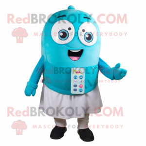 Cyan Miso Soup mascot costume character dressed with a Button-Up Shirt and Brooches