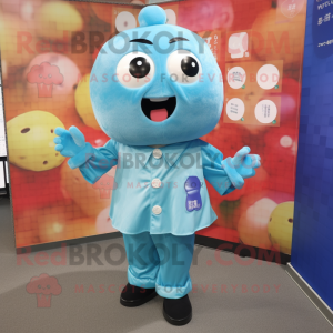 Cyan Miso Soup mascot costume character dressed with a Button-Up Shirt and Brooches