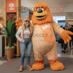 Peach Sasquatch mascot costume character dressed with a Mom Jeans and Scarves