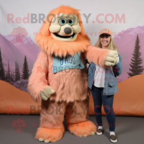 Peach Sasquatch mascot costume character dressed with a Mom Jeans and Scarves