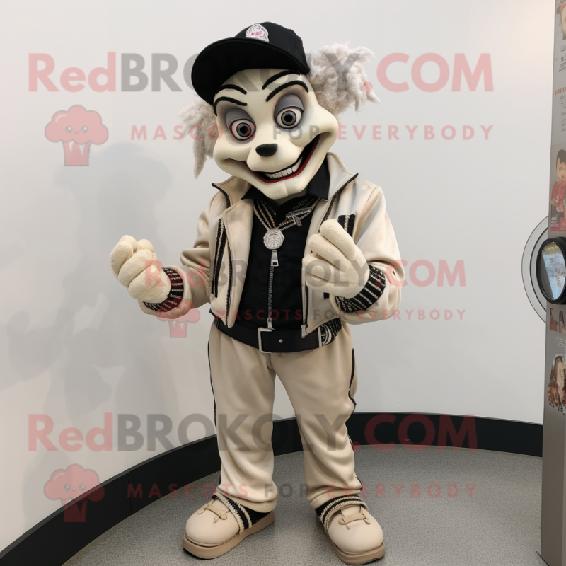 Beige Mime mascot costume character dressed with a Moto Jacket and Necklaces Beige Mime mascot costume character dressed with a Moto Jacket and Necklaces