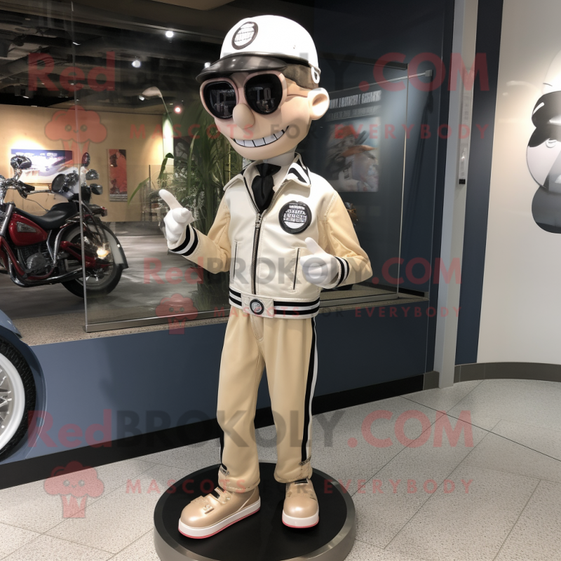 Beige Mime mascot costume character dressed with a Moto Jacket and Necklaces Beige Mime mascot costume character dressed with a Moto Jacket and Necklaces