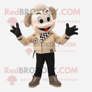 Beige Mime mascot costume character dressed with a Moto Jacket and Necklaces