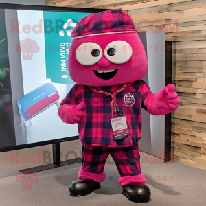 Magenta Raspberry mascot costume character dressed with a Flannel Shirt and Headbands