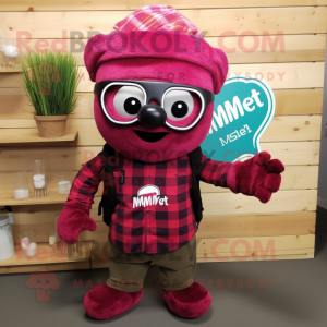 Magenta Raspberry mascot costume character dressed with a Flannel Shirt and Headbands