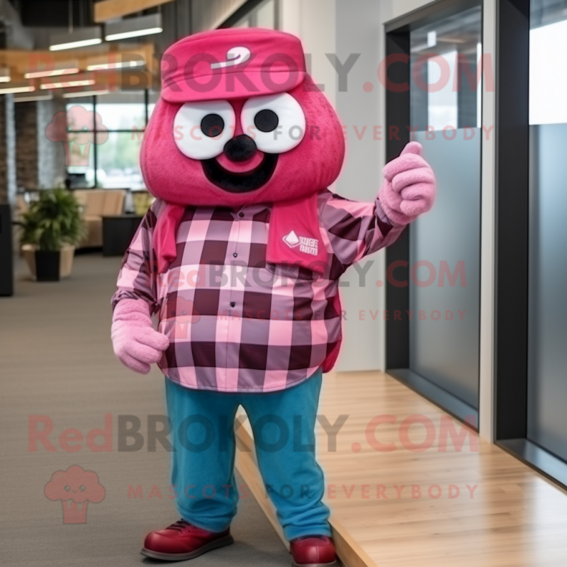 Magenta Raspberry mascot costume character dressed with a Flannel Shirt and Headbands