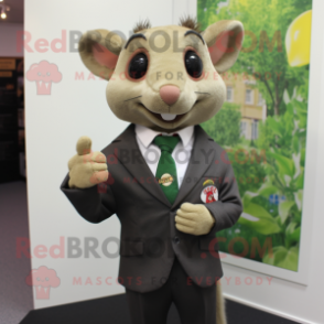 Olive Dormouse mascot costume character dressed with a Suit Jacket and Tie pins