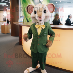 Olive Dormouse mascot costume character dressed with a Suit Jacket and Tie pins