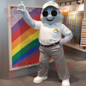Gray Rainbow mascot costume character dressed with a Poplin Shirt and Sunglasses