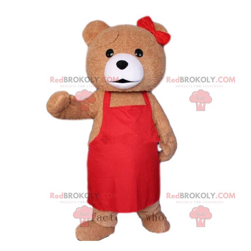 Brun björnmaskot med ett förkläde, kockdräkt - Redbrokoly.com