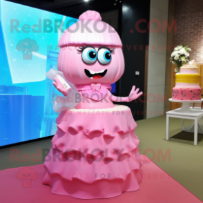 Pink Wedding Cake mascot costume character dressed with a Pencil Skirt and Shawls
