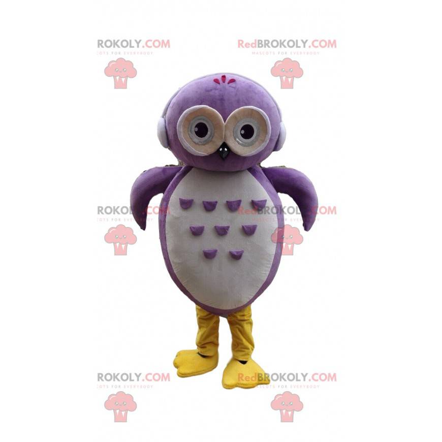 Mascotte de hibou violet et blanc avec un casque audio -