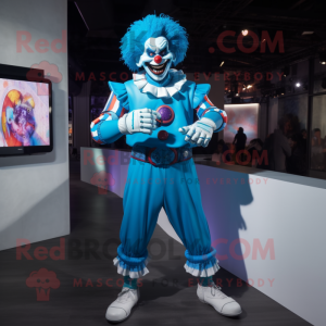 Blue Evil Clown mascot costume character dressed with a Long Sleeve Tee and Smartwatches
