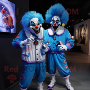 Blue Evil Clown mascot costume character dressed with a Long Sleeve Tee and Smartwatches