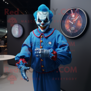 Blue Evil Clown mascot costume character dressed with a Long Sleeve Tee and Smartwatches