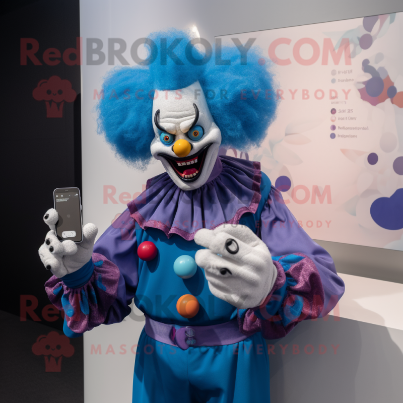 Blue Evil Clown mascot costume character dressed with a Long Sleeve Tee and Smartwatches