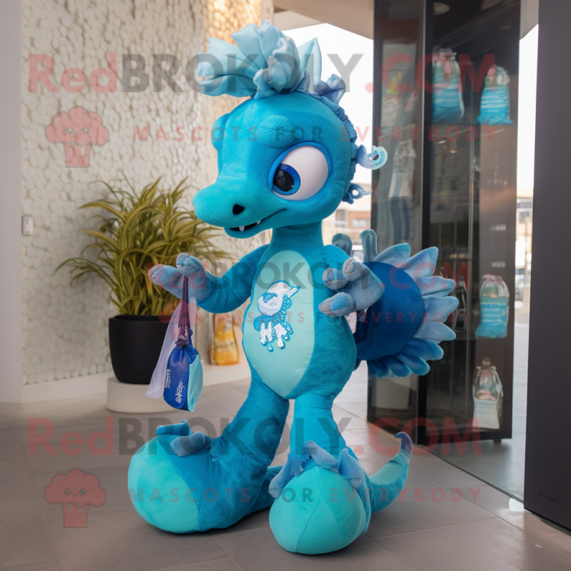 Cyan Sea Horse mascot costume character dressed with a Mini Skirt and Keychains