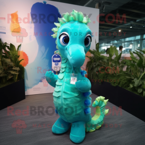 Cyan Sea Horse maskot drakt...