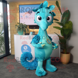 Cyan Sea Horse mascot costume character dressed with a Mini Skirt and Keychains